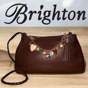 Brighton Daria Brown Leather Shoulder Clutch Bag Removable Charm Bracelet Tassel